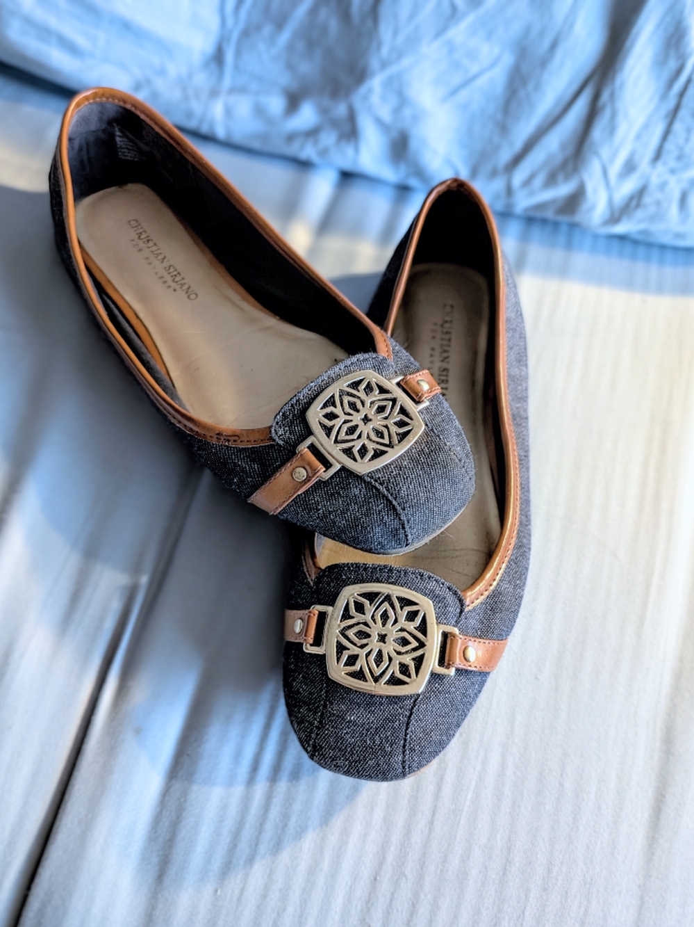 Size 7.5 Christian Siriano Denim Ballet Flats with Gold Medallion and Tan Trim